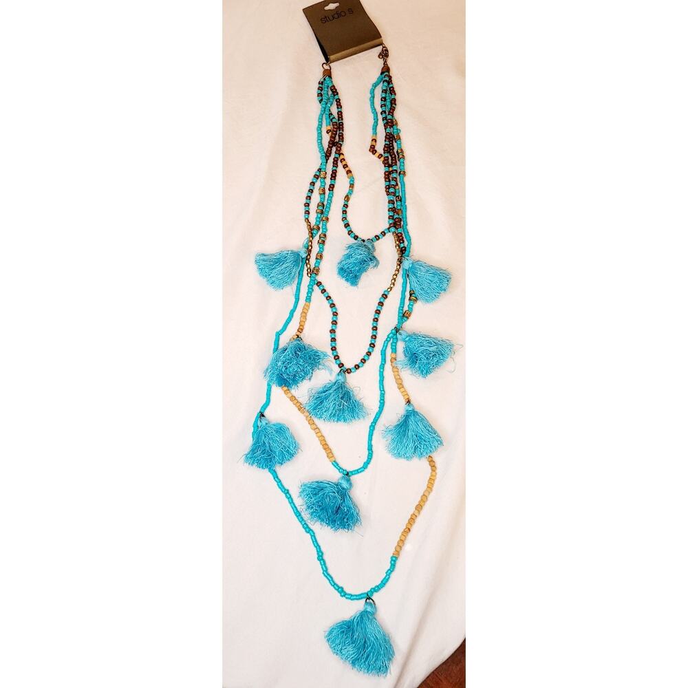New Studio S blue beaded tassel layered boho statement necklace